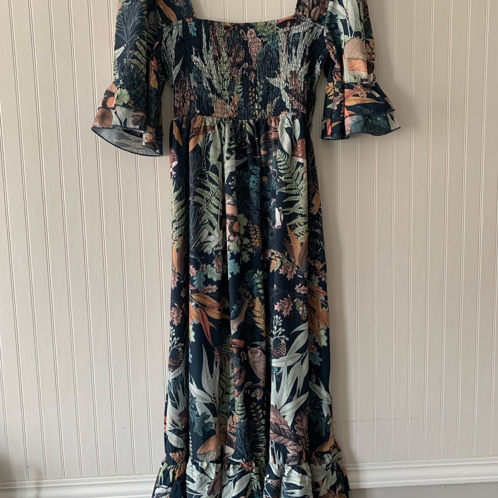 Women’s Green Botanical Dress with Smocked Bodice